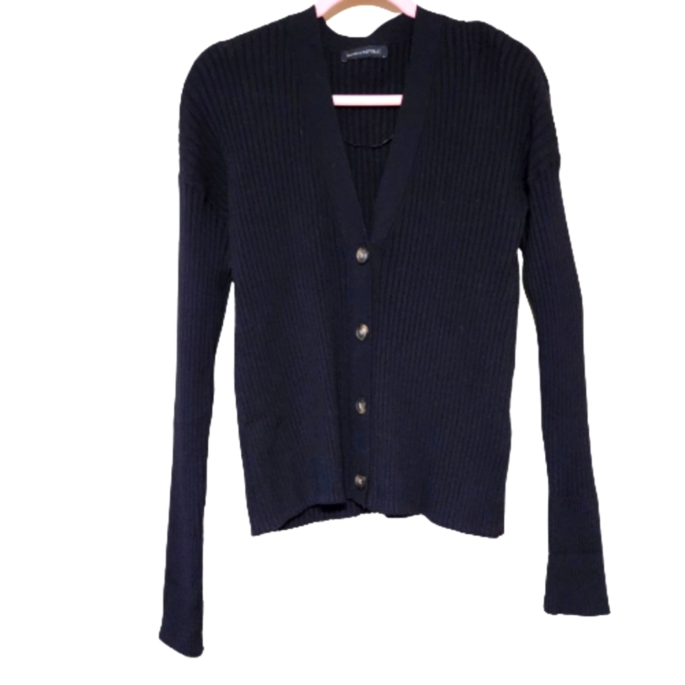 BANANA REPUBLIC Black Ribbed Boxy Button Front Cardigan Size Medium #0384